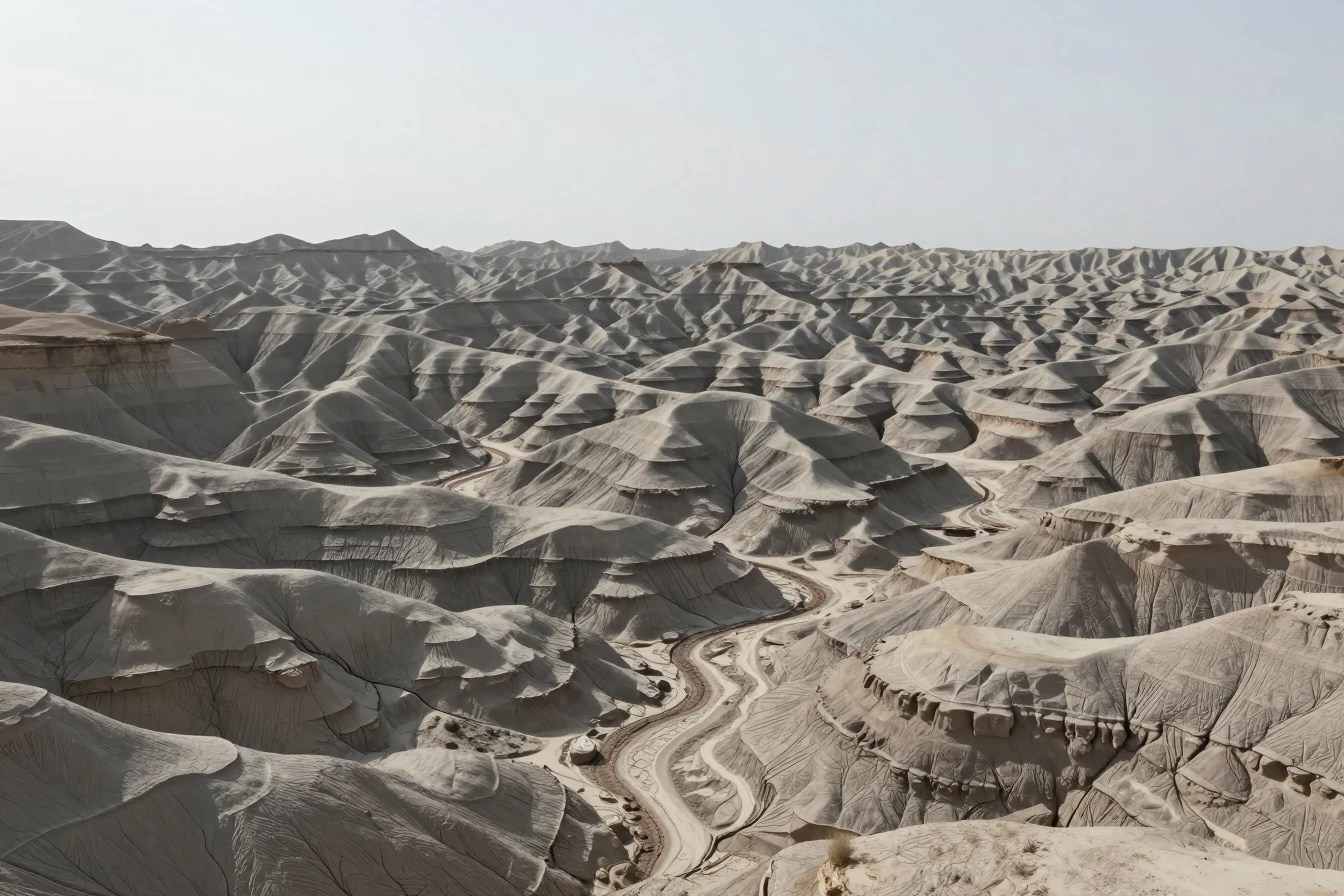 Generated nature study of folded grey desert ridges evoking Namibia’s Moon Landscape